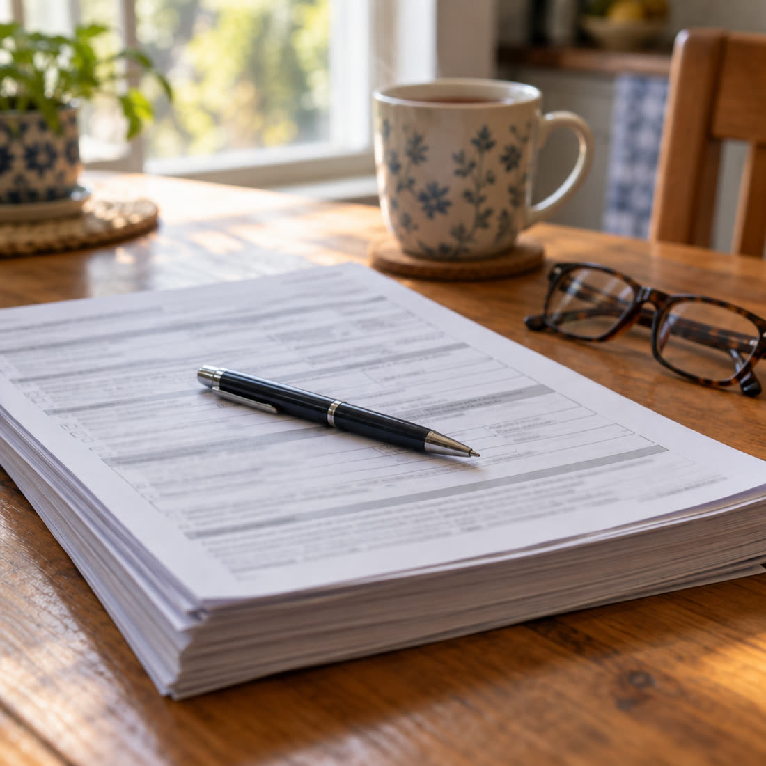 A thick paper claim form on a kitchen table with a pen and reading glasses