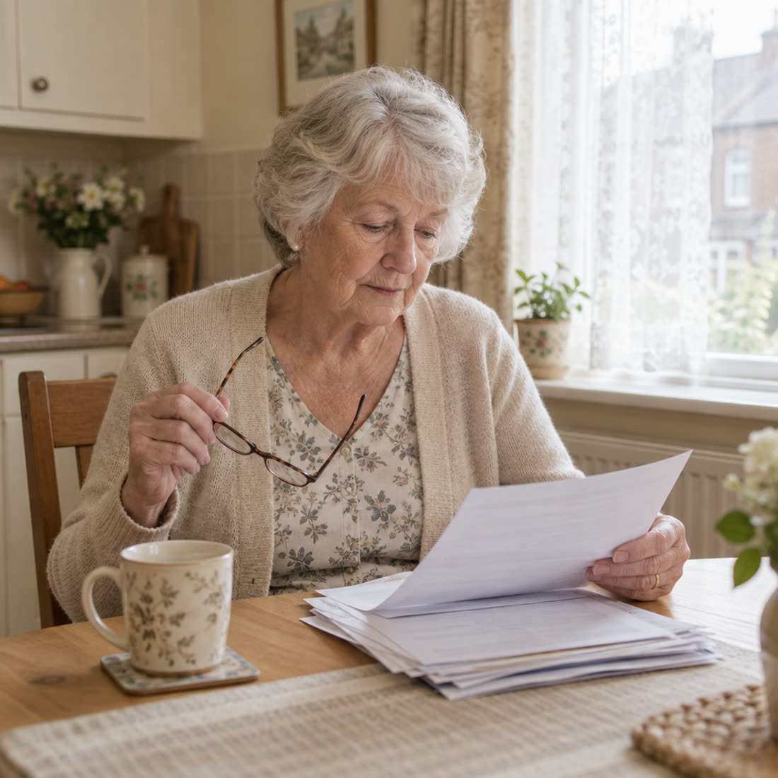 An older woman at her kitchen table, reading through a claim form with a cup of tea beside her
